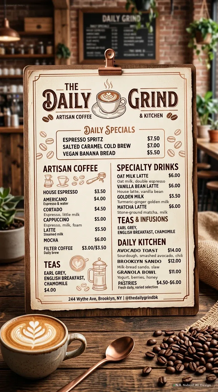 The Daily Grind — Coffee Menu — Advertising & Print concept design by Nabeel Ali